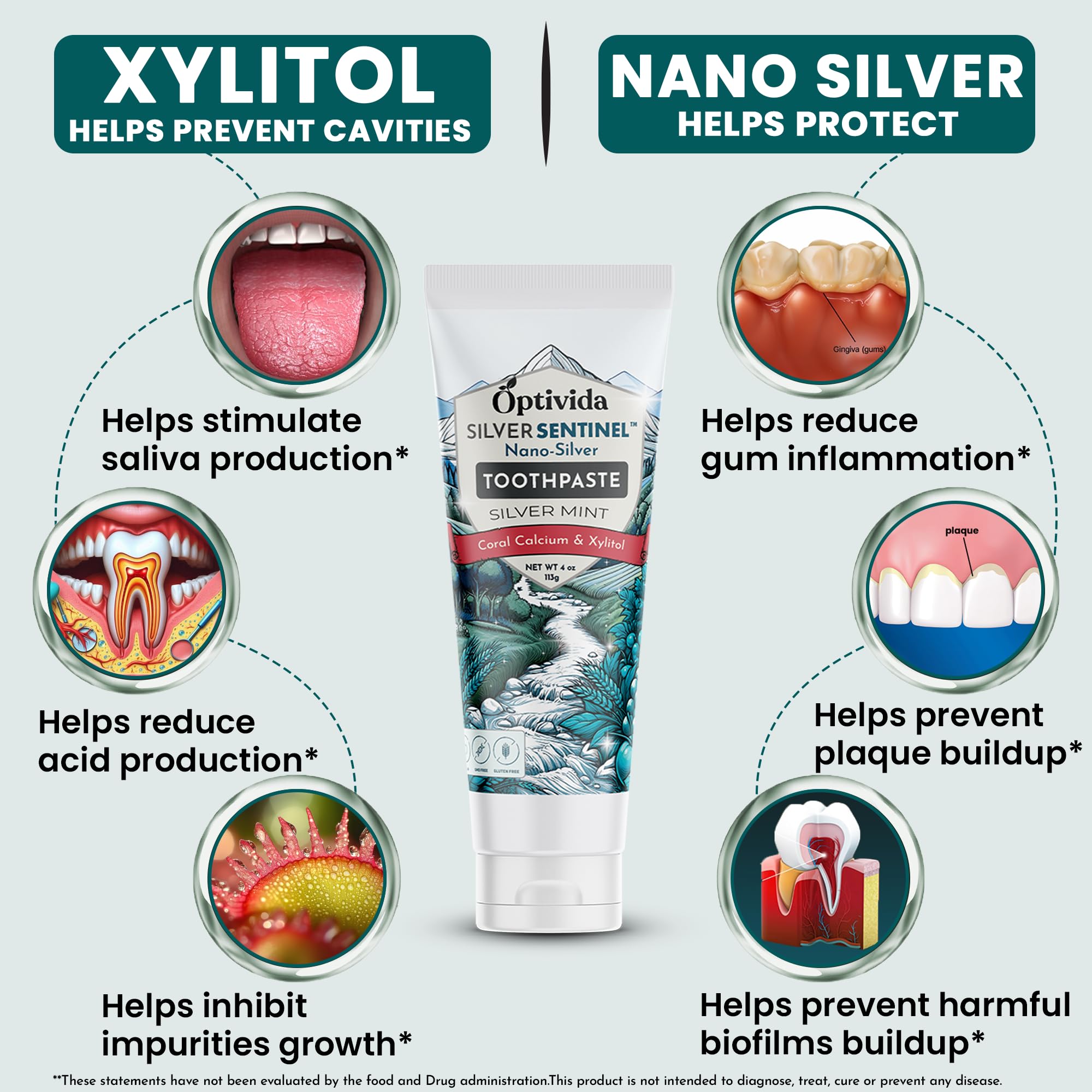 Close-up of ingredients including colloidal silver and xylitol