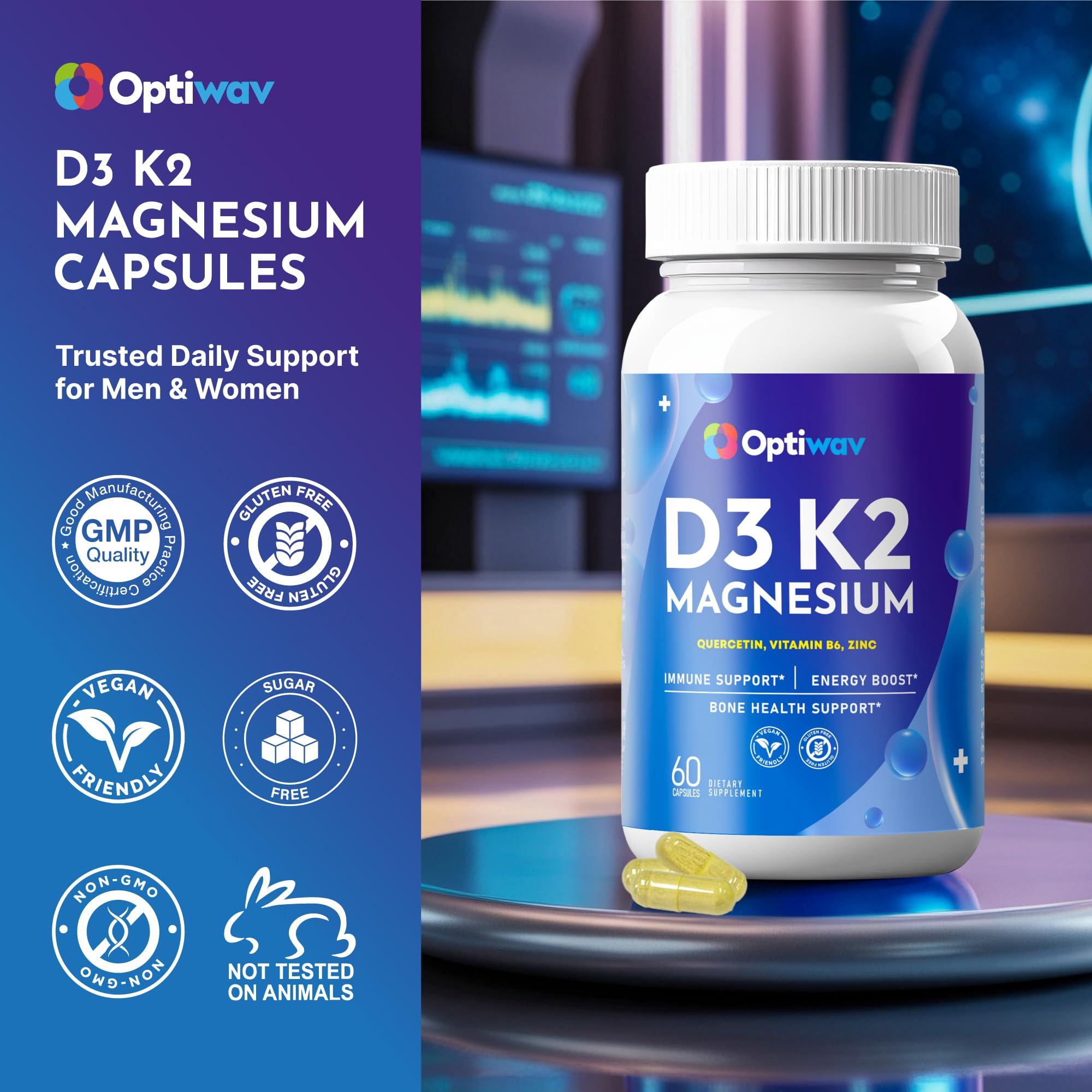 Close-up of Optiwav D3 K2 Magnesium bottle label showing key ingredients