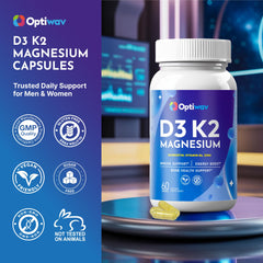 Close-up of Optiwav D3 K2 Magnesium bottle label showing key ingredients