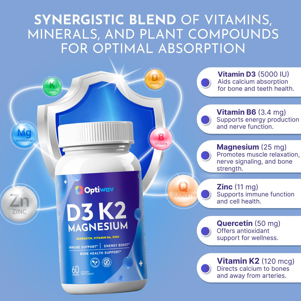 Back label of Optiwav D3 K2 Magnesium bottle showing supplement facts