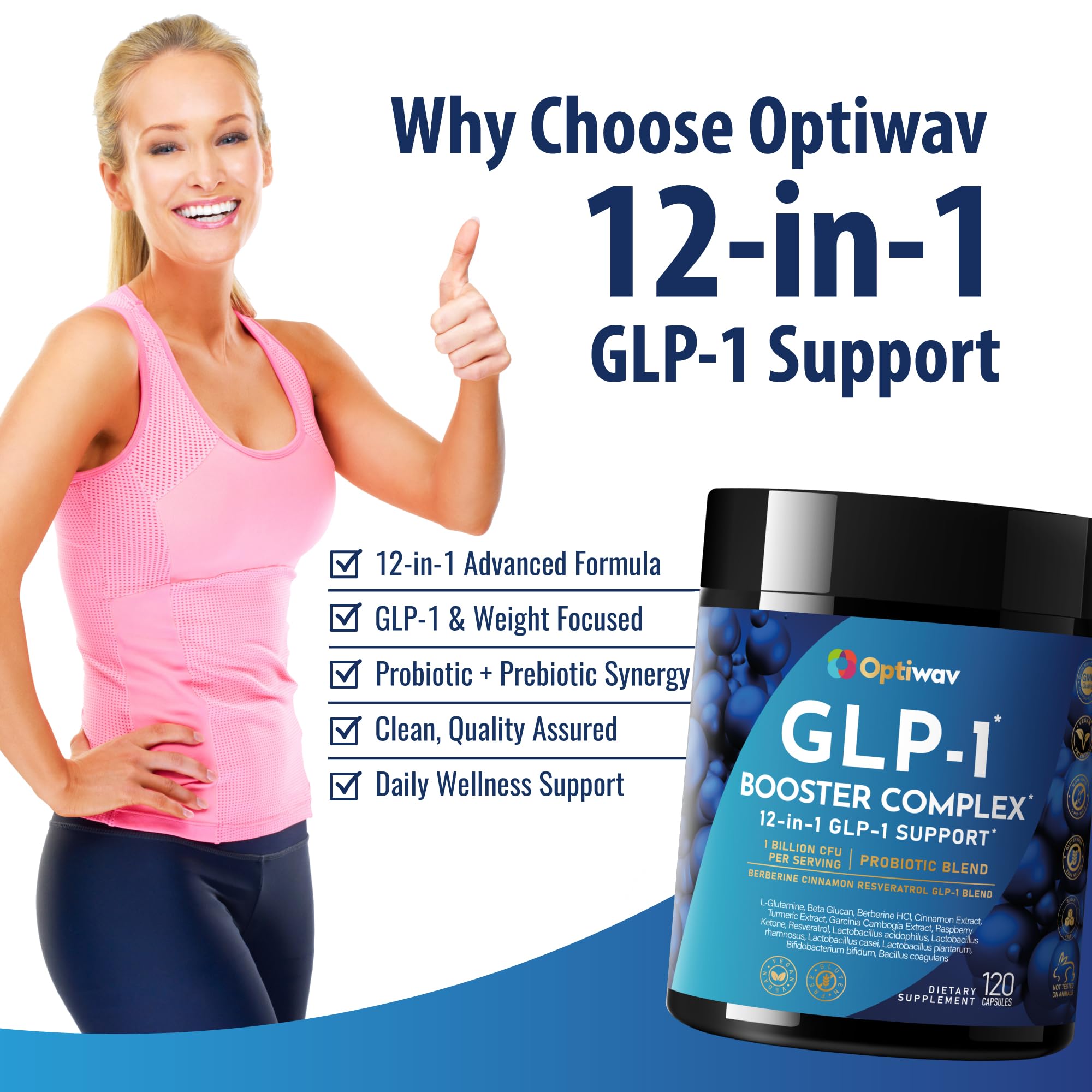 Probiotic capsule array emphasizing 1B CFU and prebiotic content