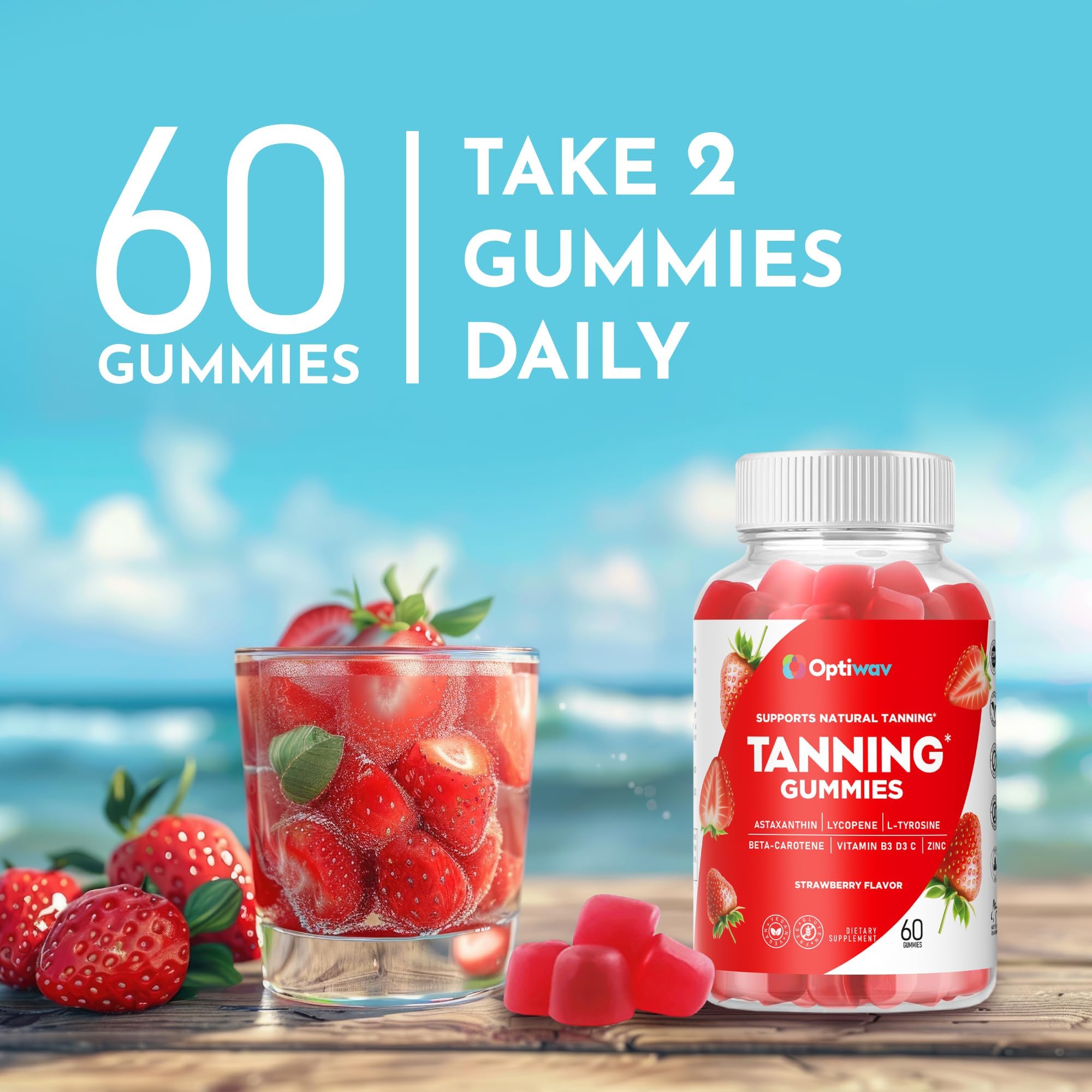 Vegan and sugar-free OptiWav Tanning Gummies packaging