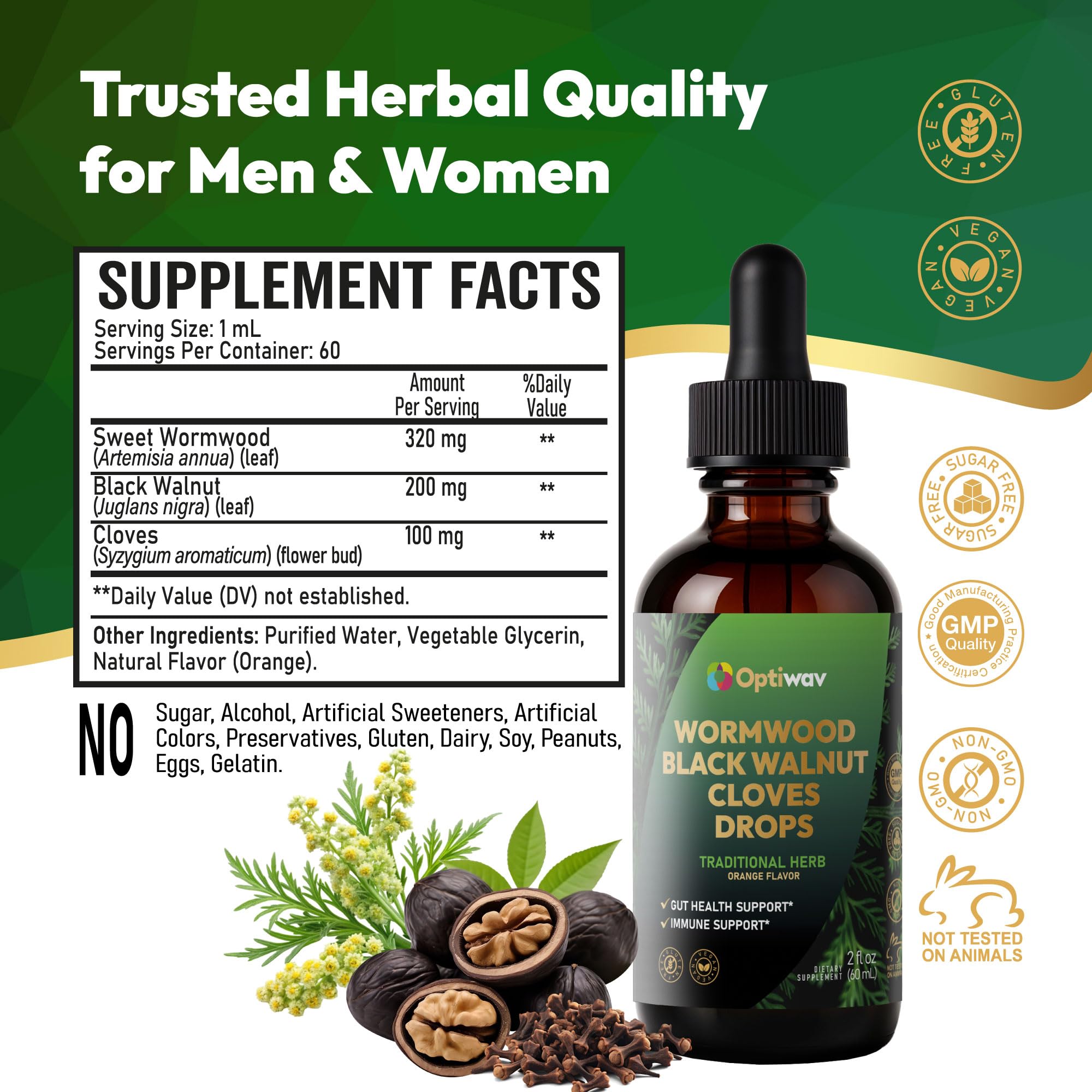 Close-up of ingredient notes: wormwood, black walnut, cloves