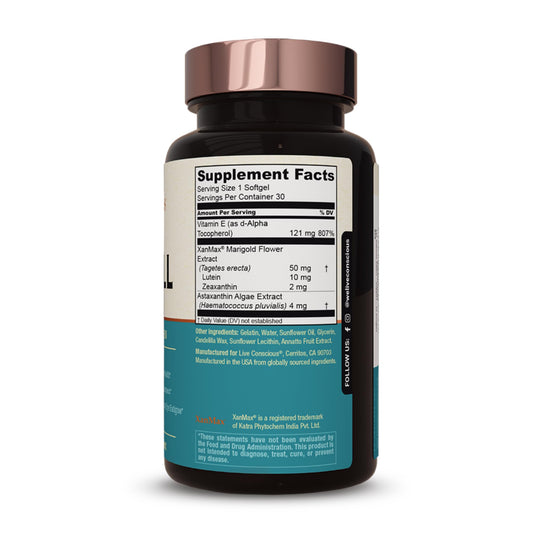 Close-up of OptiWell ingredients including vitamin E, lutein, zeaxanthin, and astaxanthin