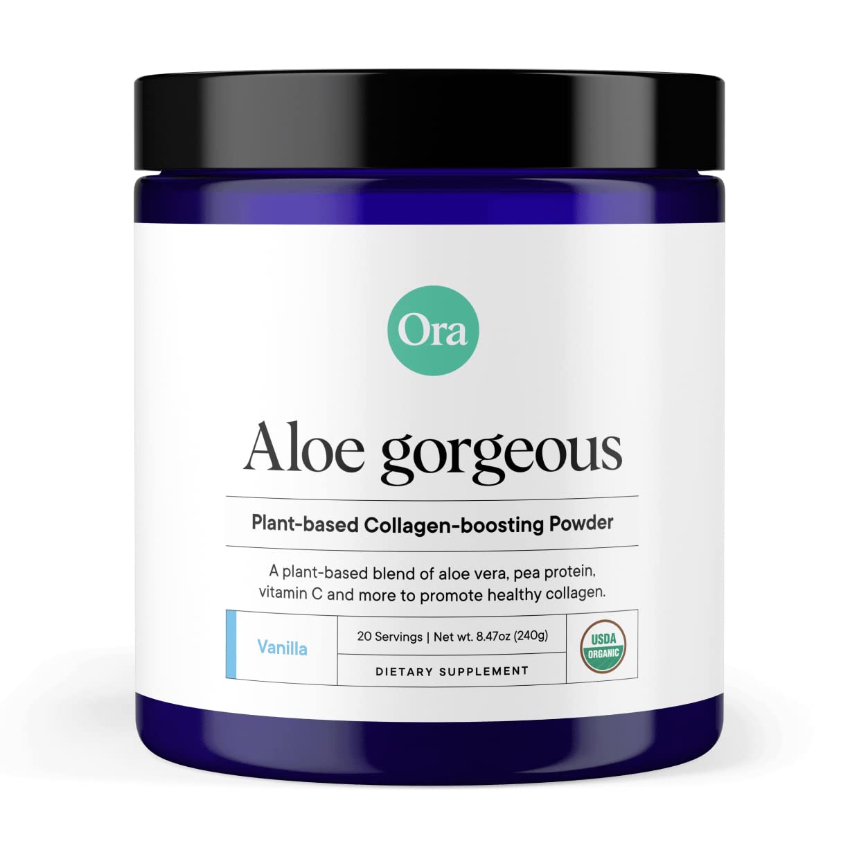 Canister of Ora Organic Aloe Gorgeous vegan collagen-boosting powder