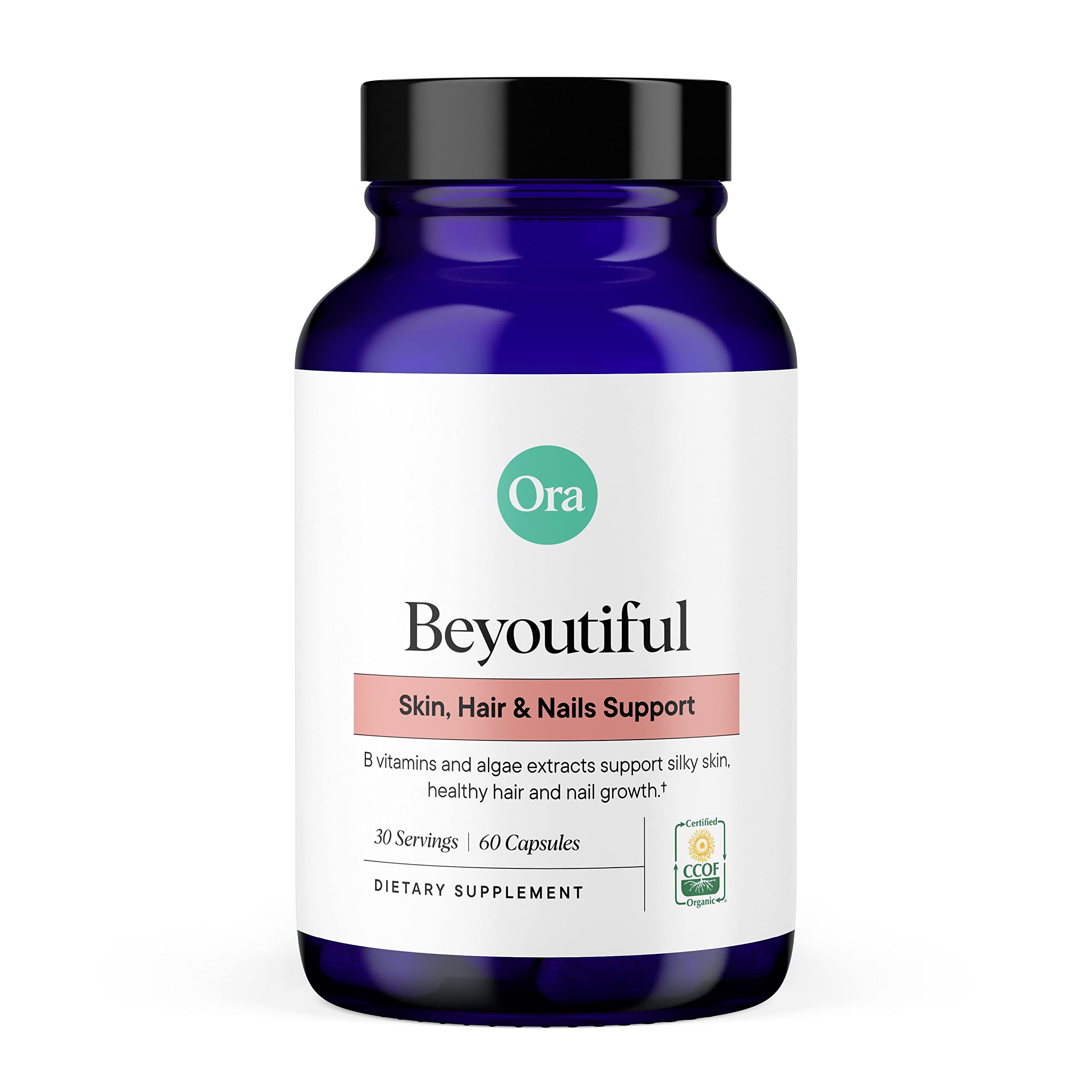BeYouTiful Ora Organic packaging showing 60 vegan capsules