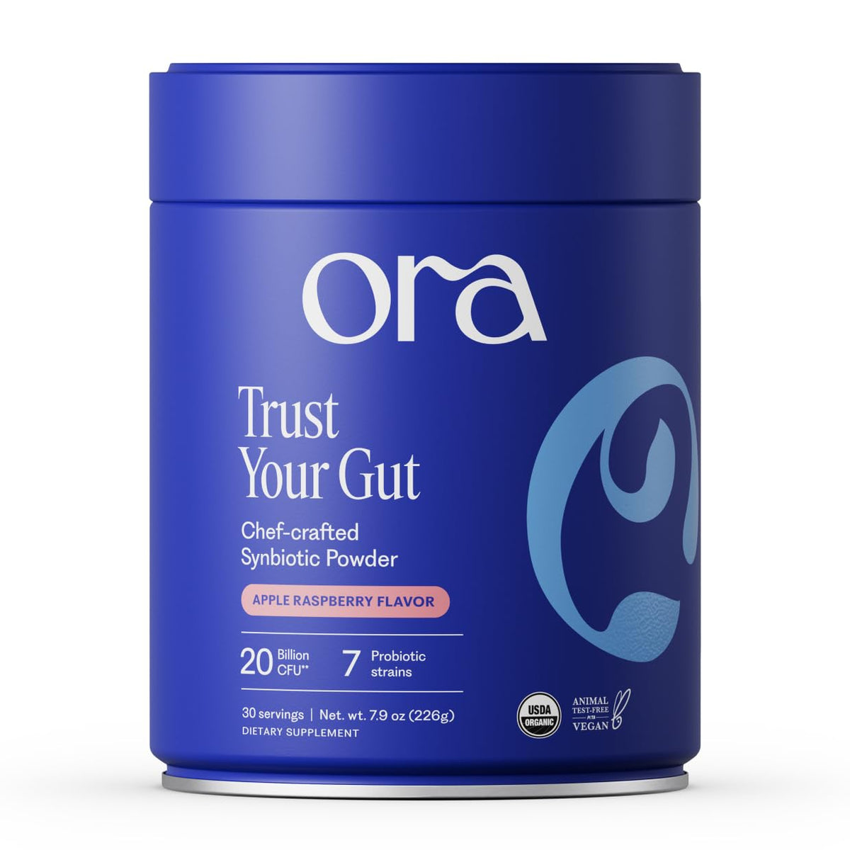 Ora Organic front packaging showing apple raspberry flavor and benefits