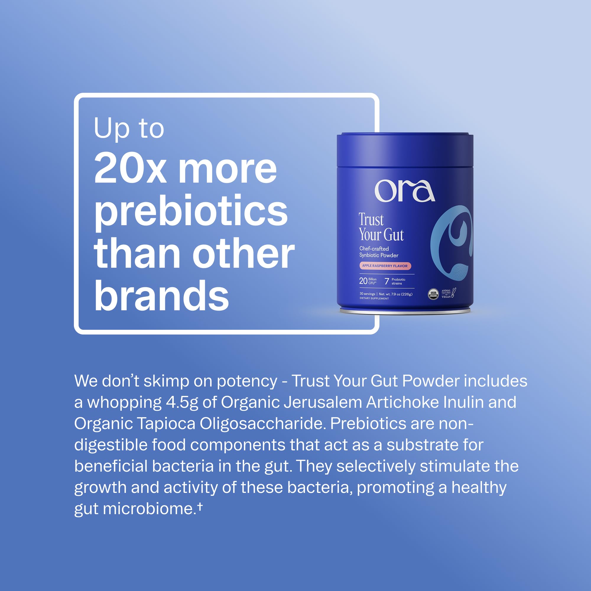 Ora Organic ingredient label close-up showing organic prebiotic source clarity