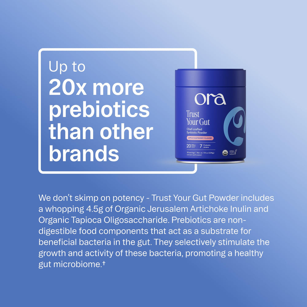 Ora Organic ingredient label close-up showing organic prebiotic source clarity