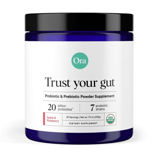 Front view of Ora Organic prebiotic and probiotic powder with Apple Raspberry flavor and 30 servings