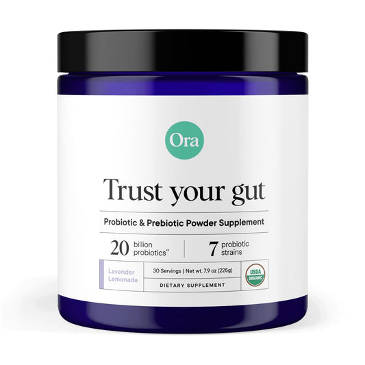 Front view of Ora Organic prebiotic and probiotic powder