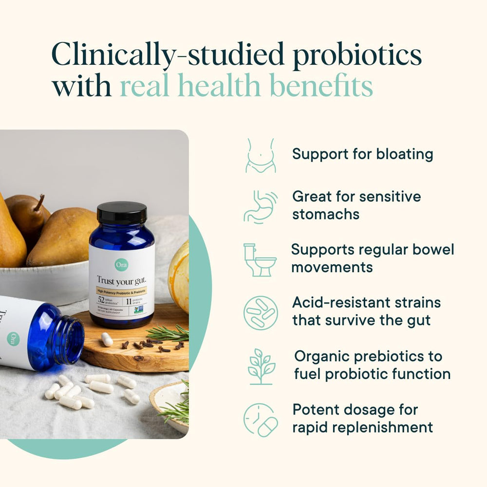 Close-up of Ora Organic Probiotics label showing 11 strains