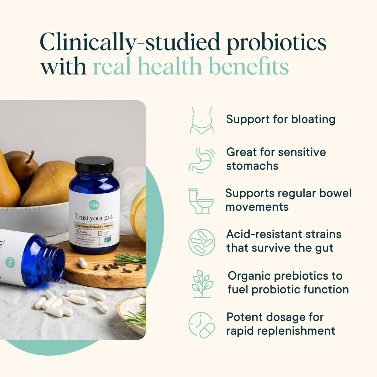 Front view of Ora Organic Probiotics bottle