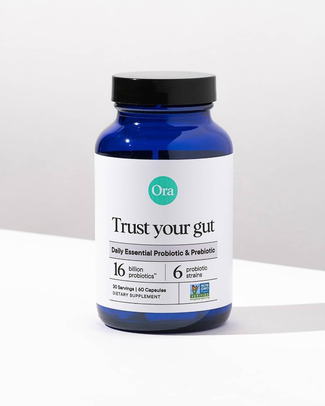 Ora Organic six probiotic strains including Lactobacillus and Bifidobacterium.