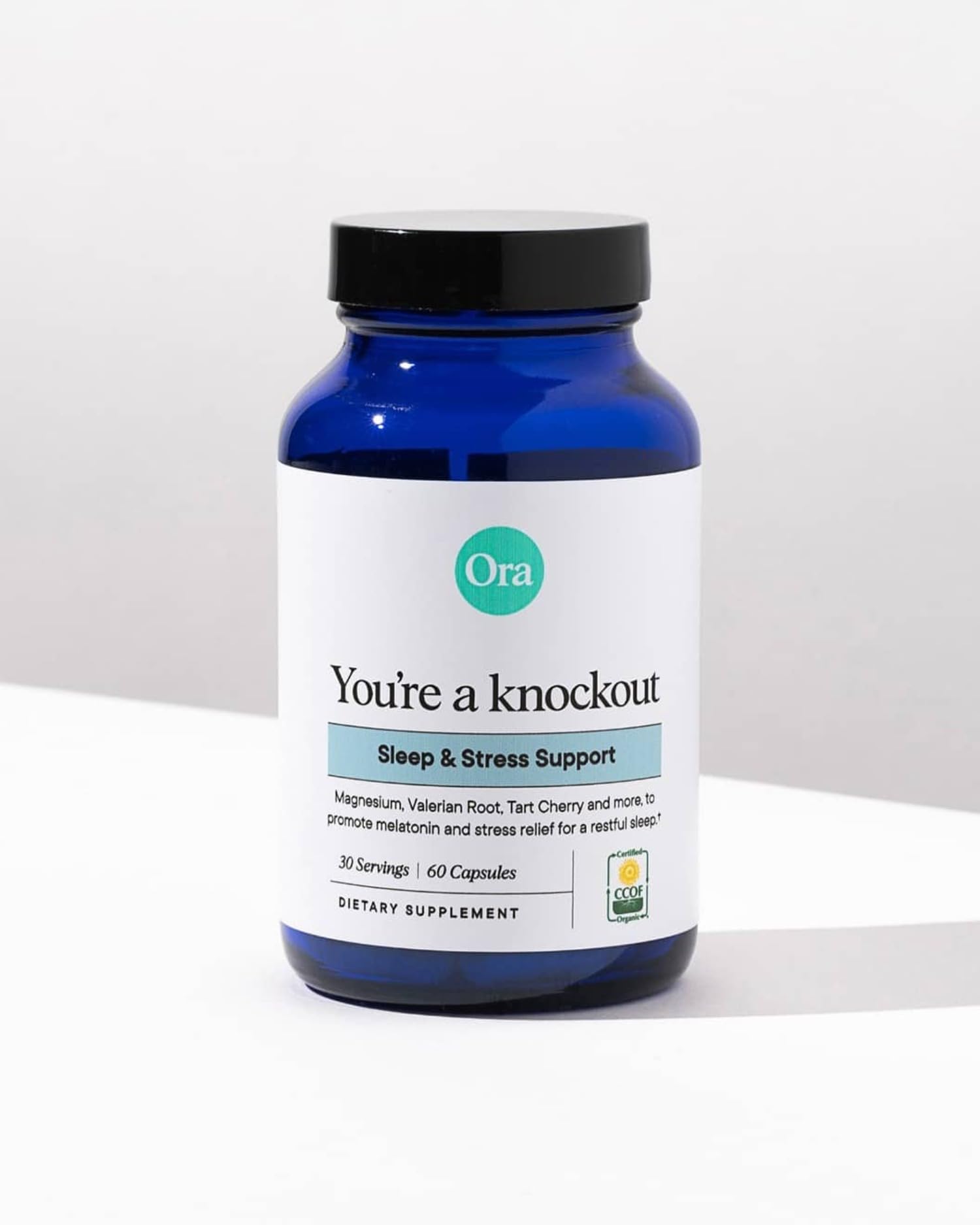 Non-GMO, vegan, gluten-free certifications and CGMP badge for Ora Organic sleep aid