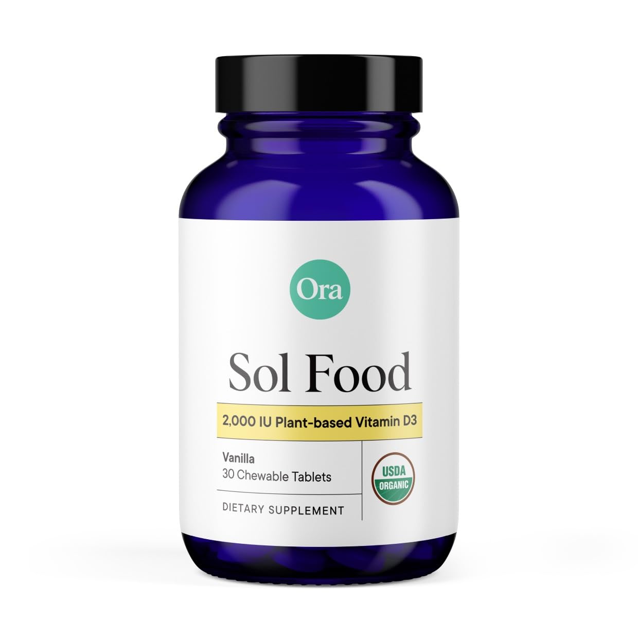 Bottle of Ora Organic Vitamin D3 2000IU vegan vanilla chewables with 30-day supply