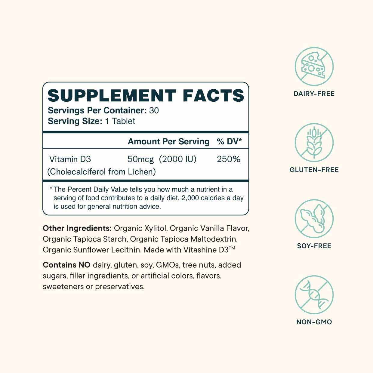 Close-up of vanilla-flavored vegan vitamin D3 chewable tablet
