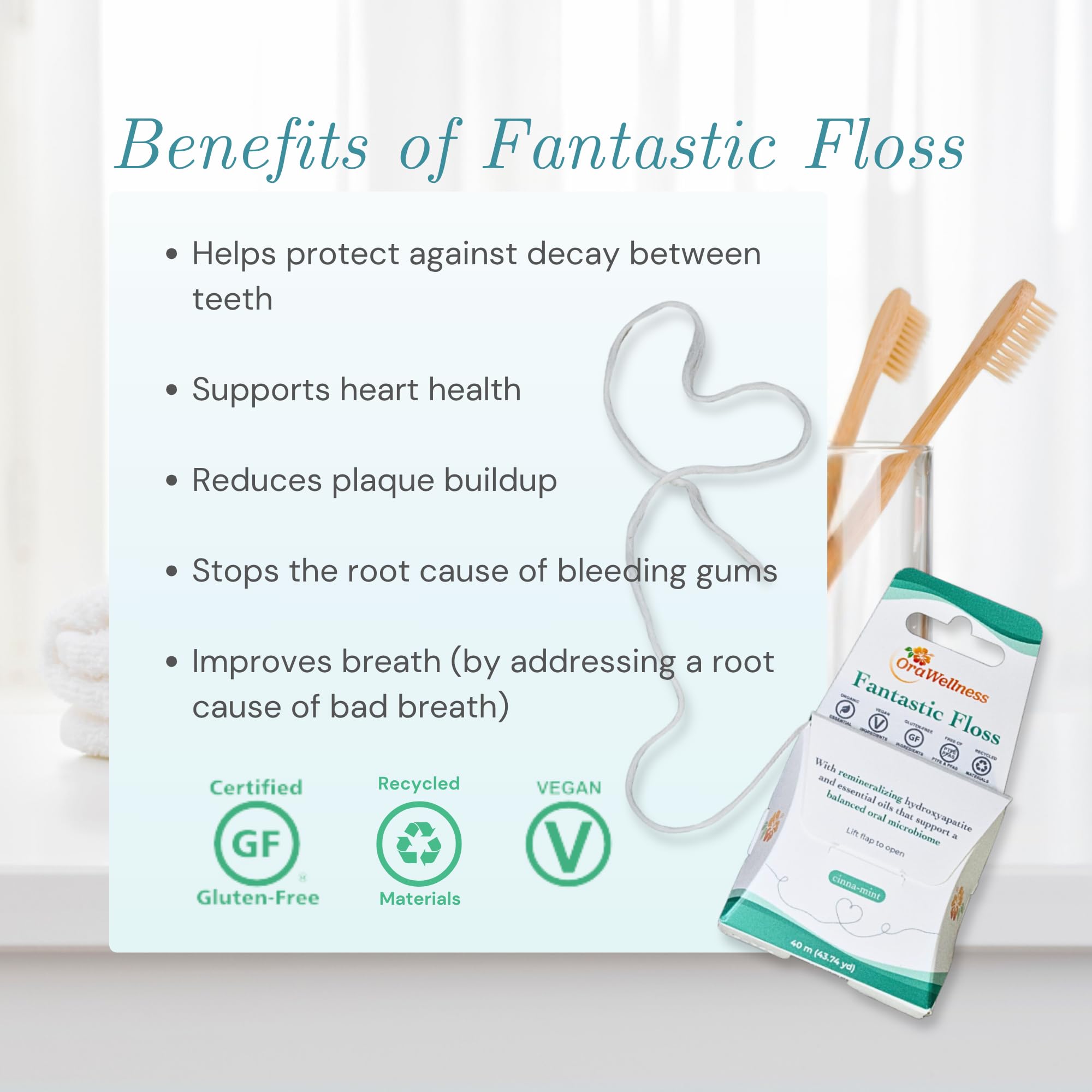 Non-GMO xylitol and hydroxyapatite on floss