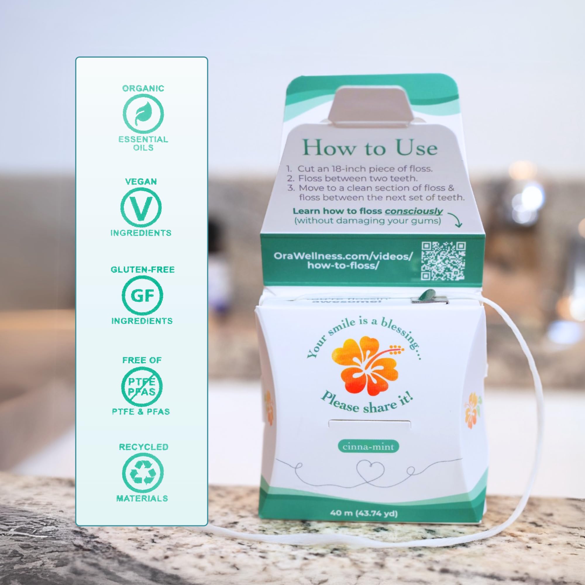 Non-toxic floss ingredients: hydroxyapatite, non-GMO xylitol, essential oils