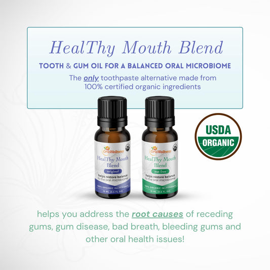 Close-up of Organic Tooth Oil bottle and dropper