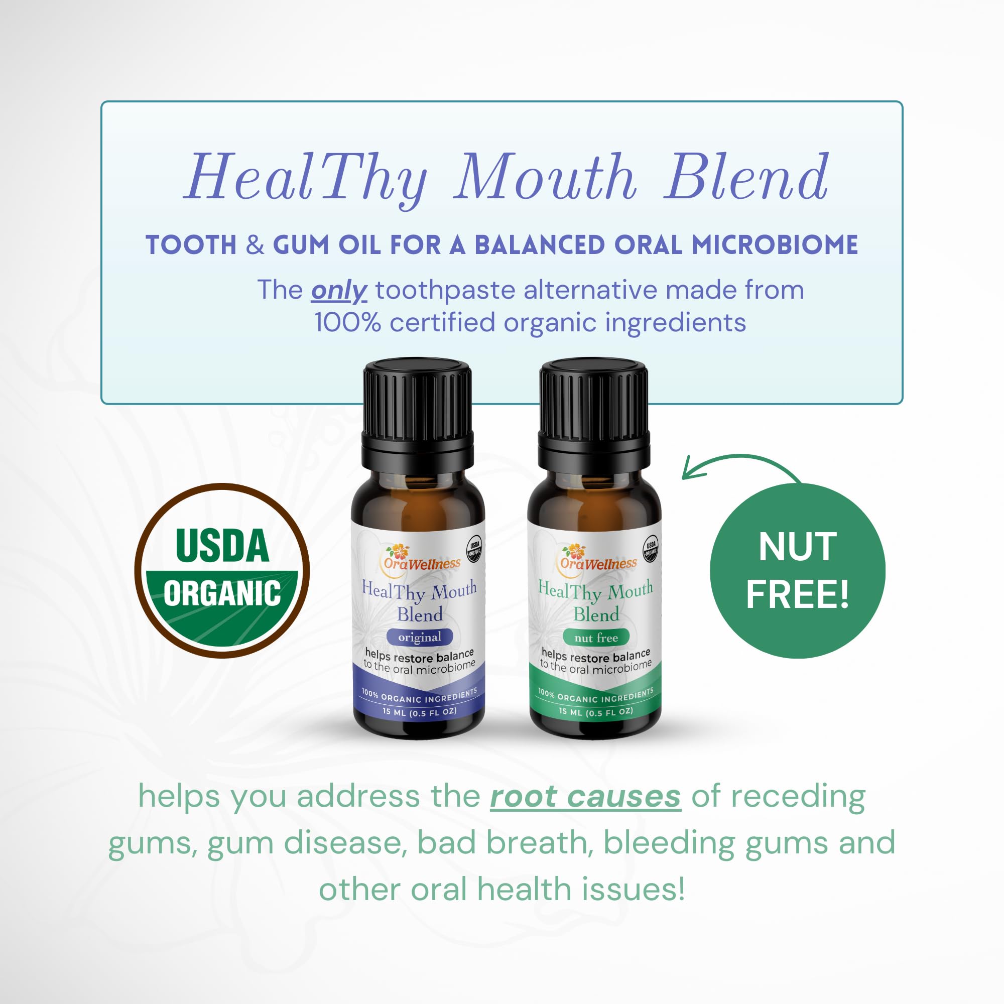 Ingredients include clove, myrrh, peppermint, cinnamon, spearmint, manuka