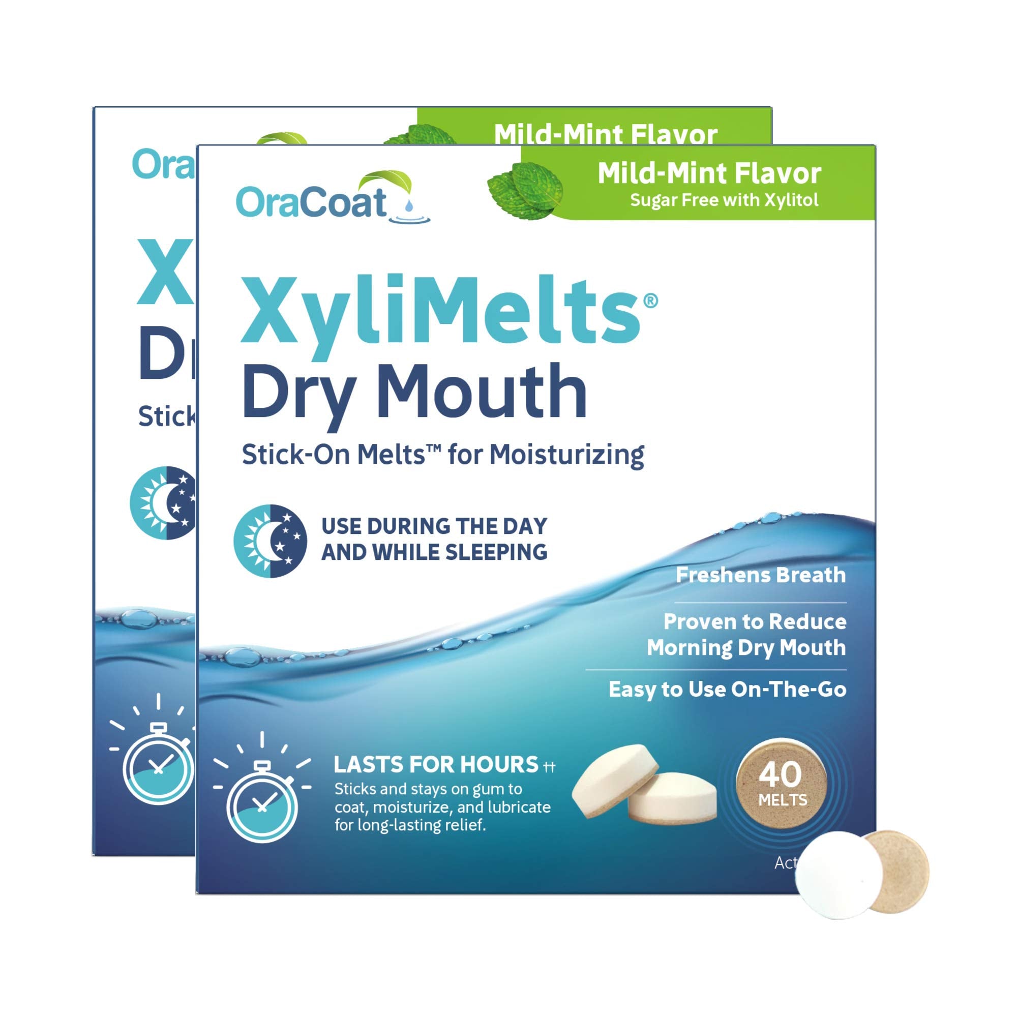 Oracoat XyliMelts dry mouth discs attached to teeth