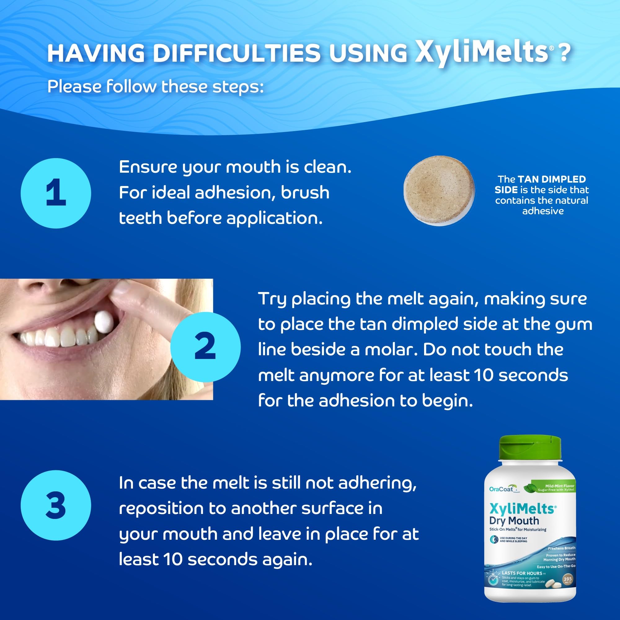 Close-up of mint-flavored XyliMelts on tooth
