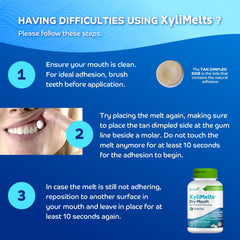 Close-up of mint-flavored XyliMelts on tooth
