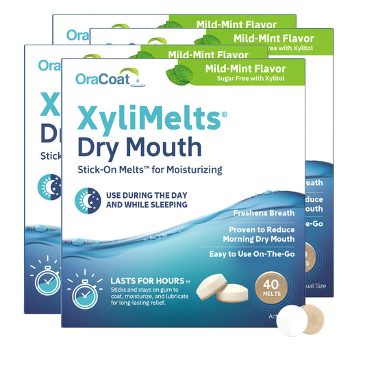 Front view of Oracoat XyliMelts 40-count pack (pack of 4) with mild mint flavor
