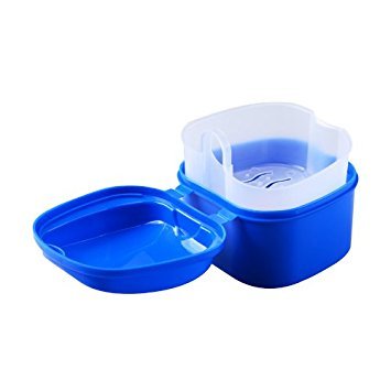 Durable plastic denture bath case with travel-friendly vented tray insert and handle