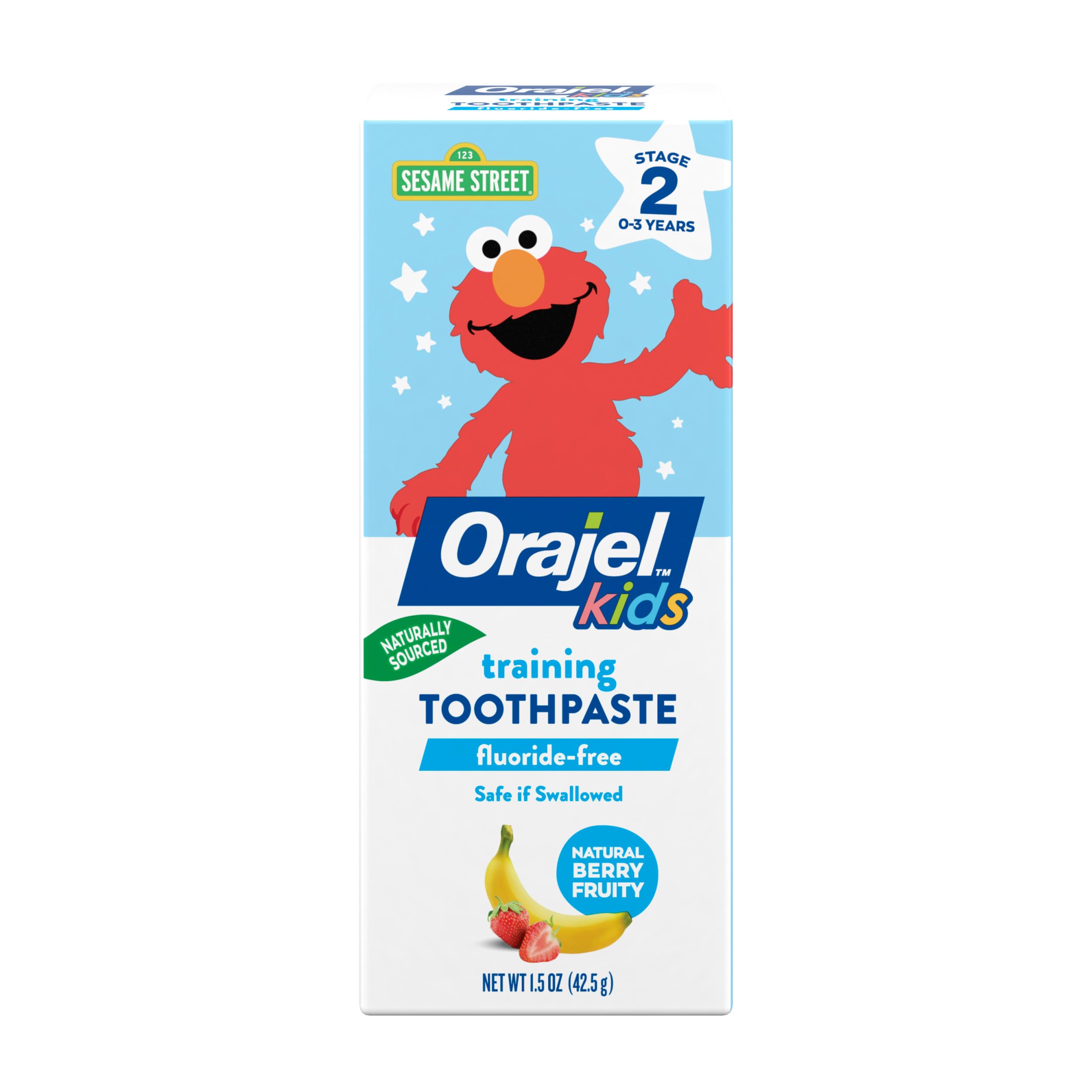 Front label of Orajel Kids Elmo Fluoride-Free Training Toothpaste 1.5oz