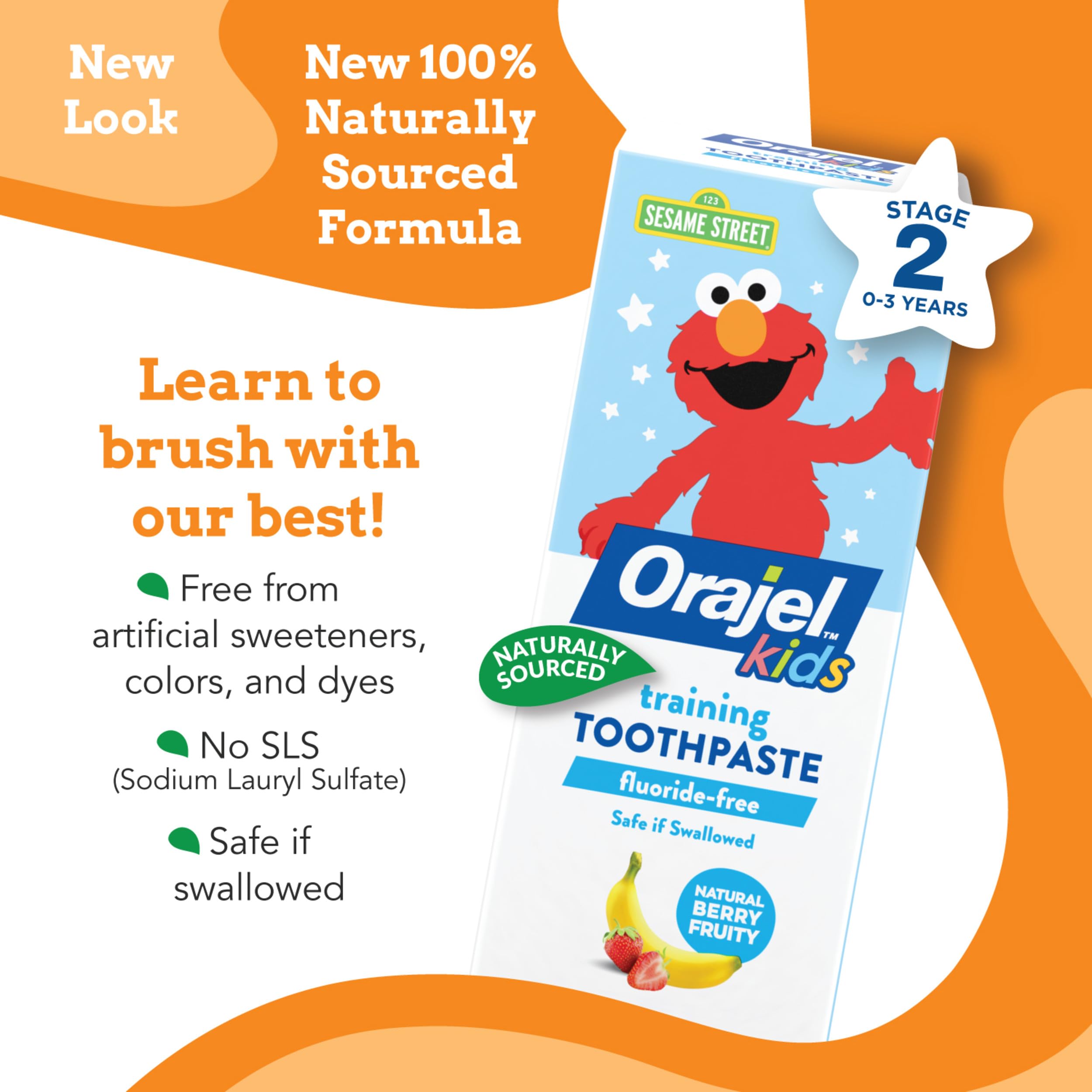 Close-up of Orajel Kids Elmo Fluoride-Free toothpaste tube