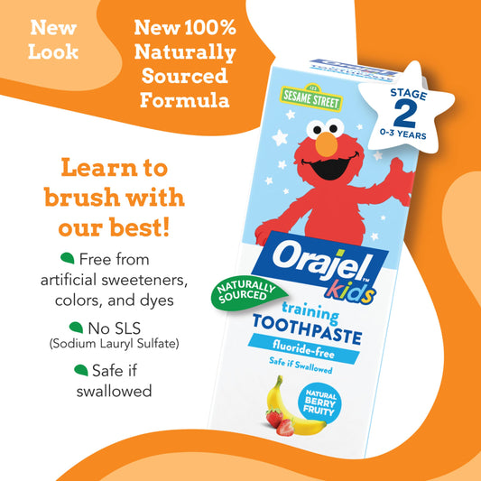 Close-up of Orajel Kids Elmo Fluoride-Free toothpaste tube