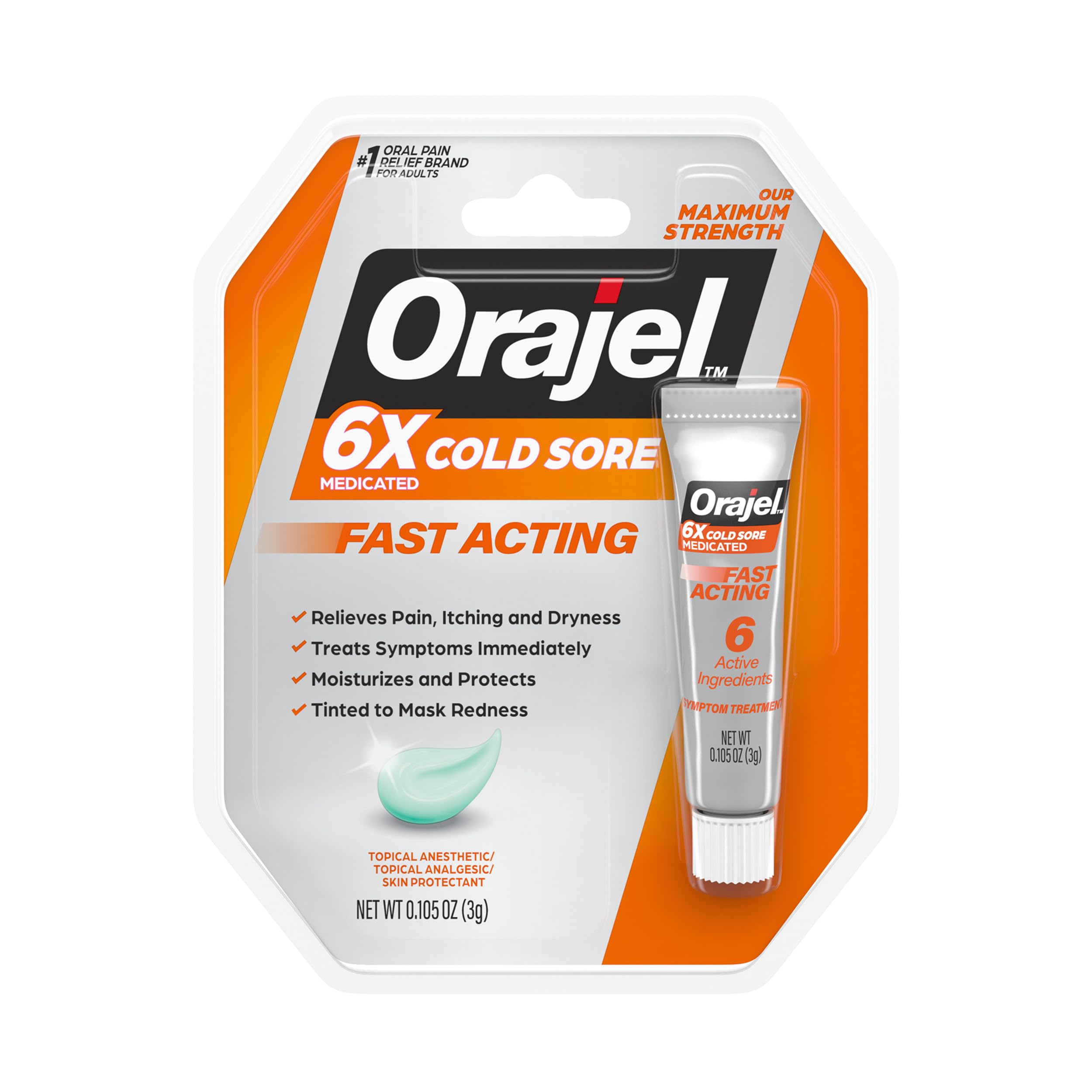 Orajel Moisturelock cream tube application for quick pain relief.
