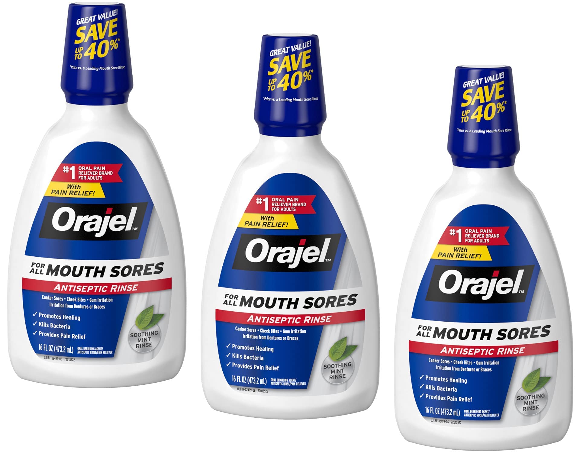 Orajel Nonseptic Mouth Sore Rinse 16oz mint flavor 3-pack bottle