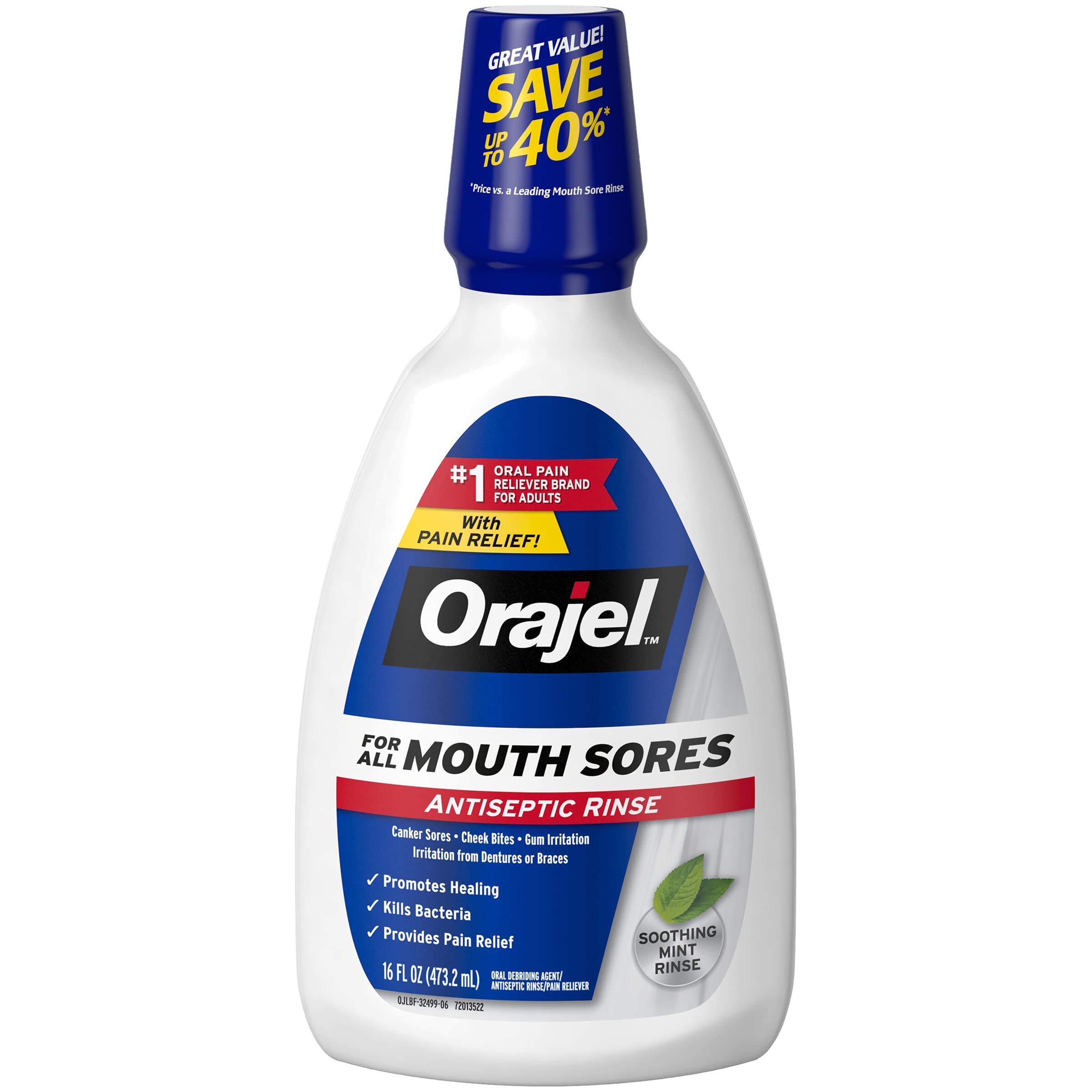 Close-up of Orajel Nonseptic Mouth Sore Rinse mint label 16oz