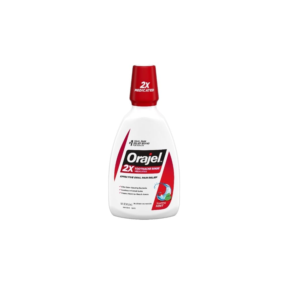 Orajel Toothache Rinse bottle – mint flavor, 16 fl oz (front view)