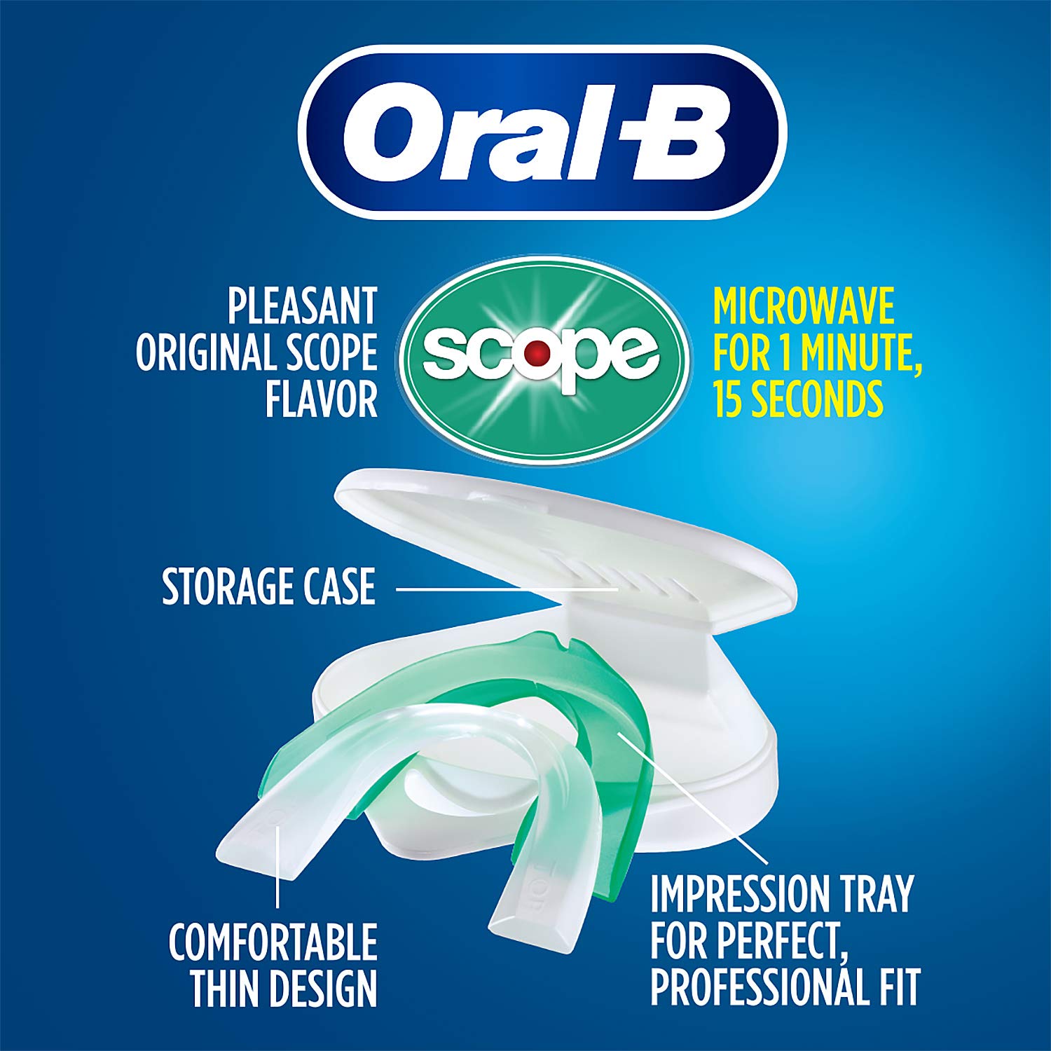 Person wearing Oral-B guard to reduce teeth grinding and nighttime jaw clenching.