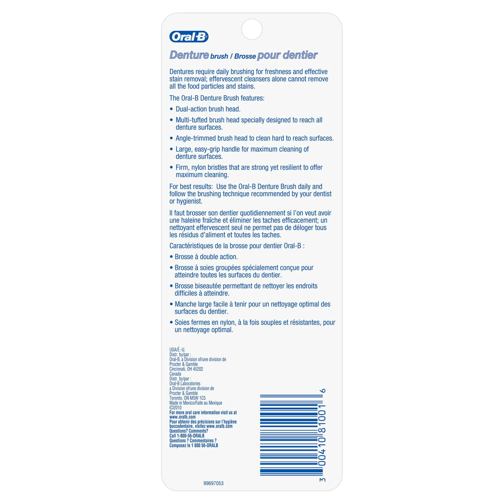 Oral-B Denture Brush Dual Head showing smaller angled brush head and easy-grip handle