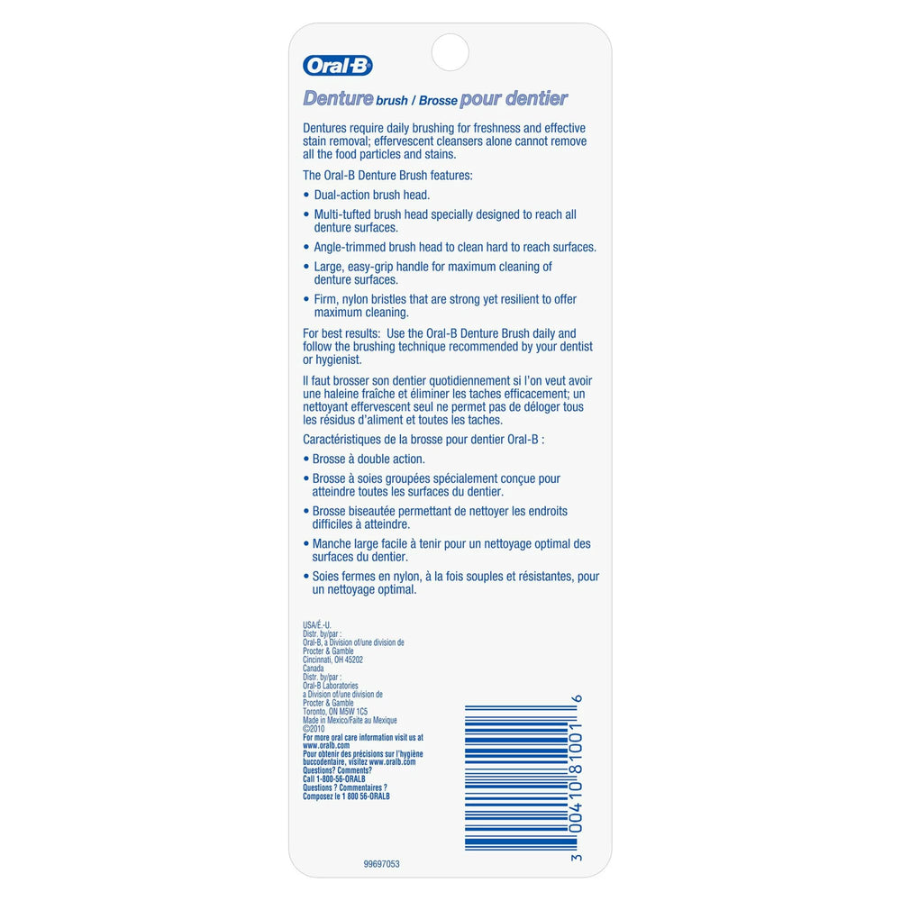 Oral-B Denture Brush Dual Head showing smaller angled brush head and easy-grip handle