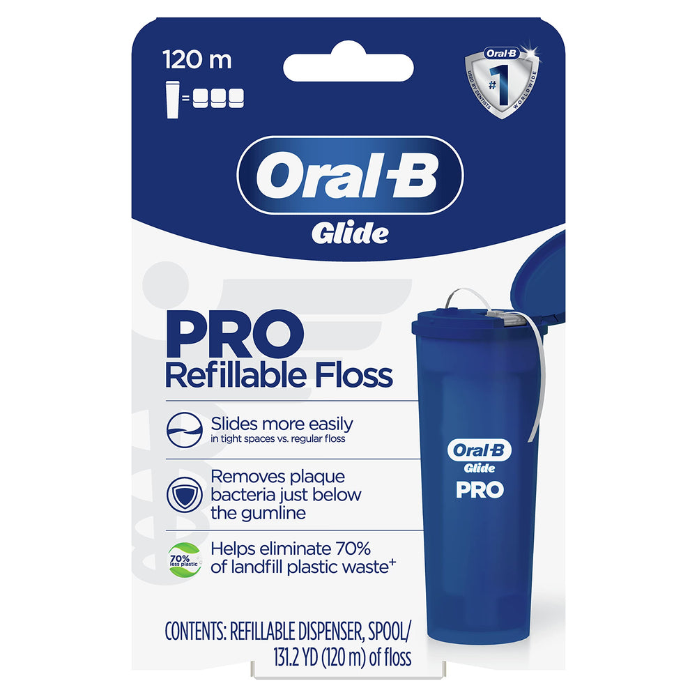 Open Oral-B Glide PRO Refillable Floss Starter Kit showing refillable floss dispenser and 120m spool