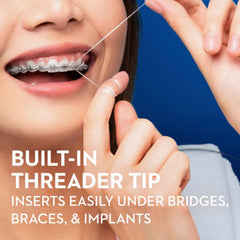 One-piece floss with built-in threader under appliances (bridges, braces, implants)
