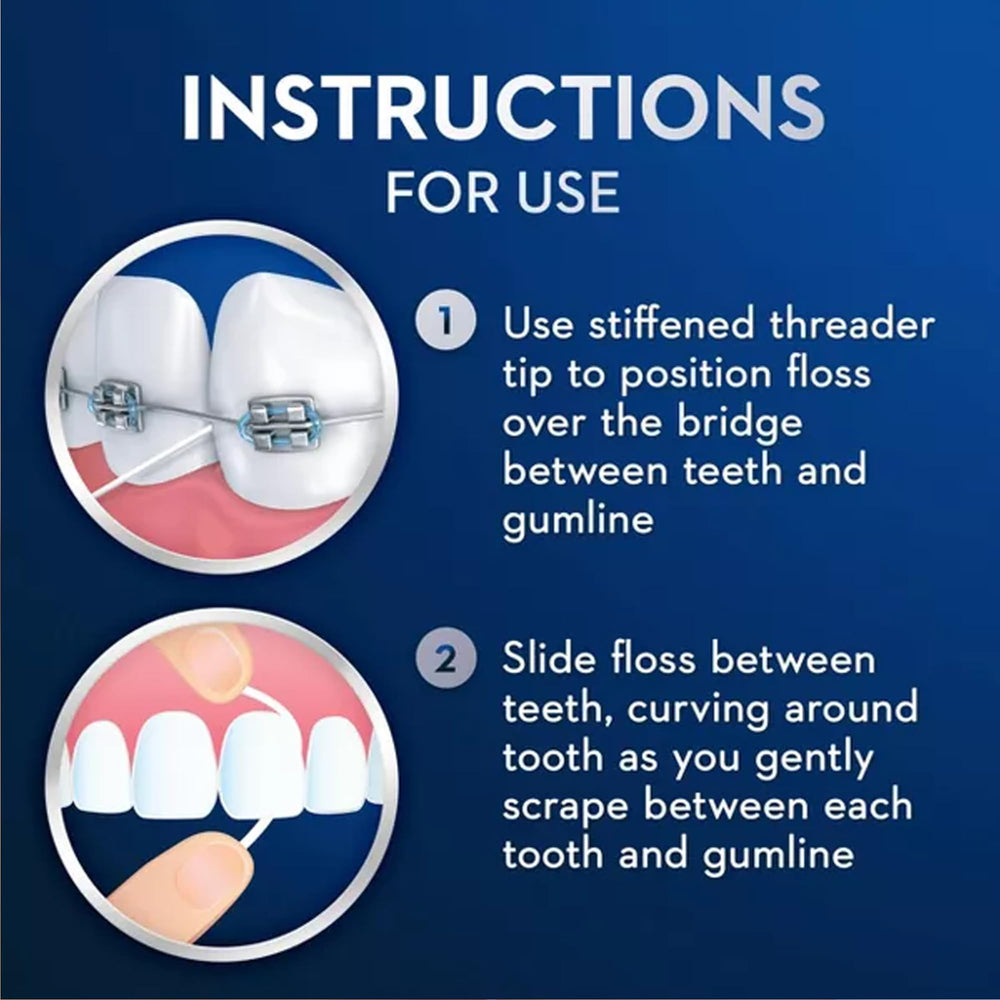 Person flossing around braces using built-in threader