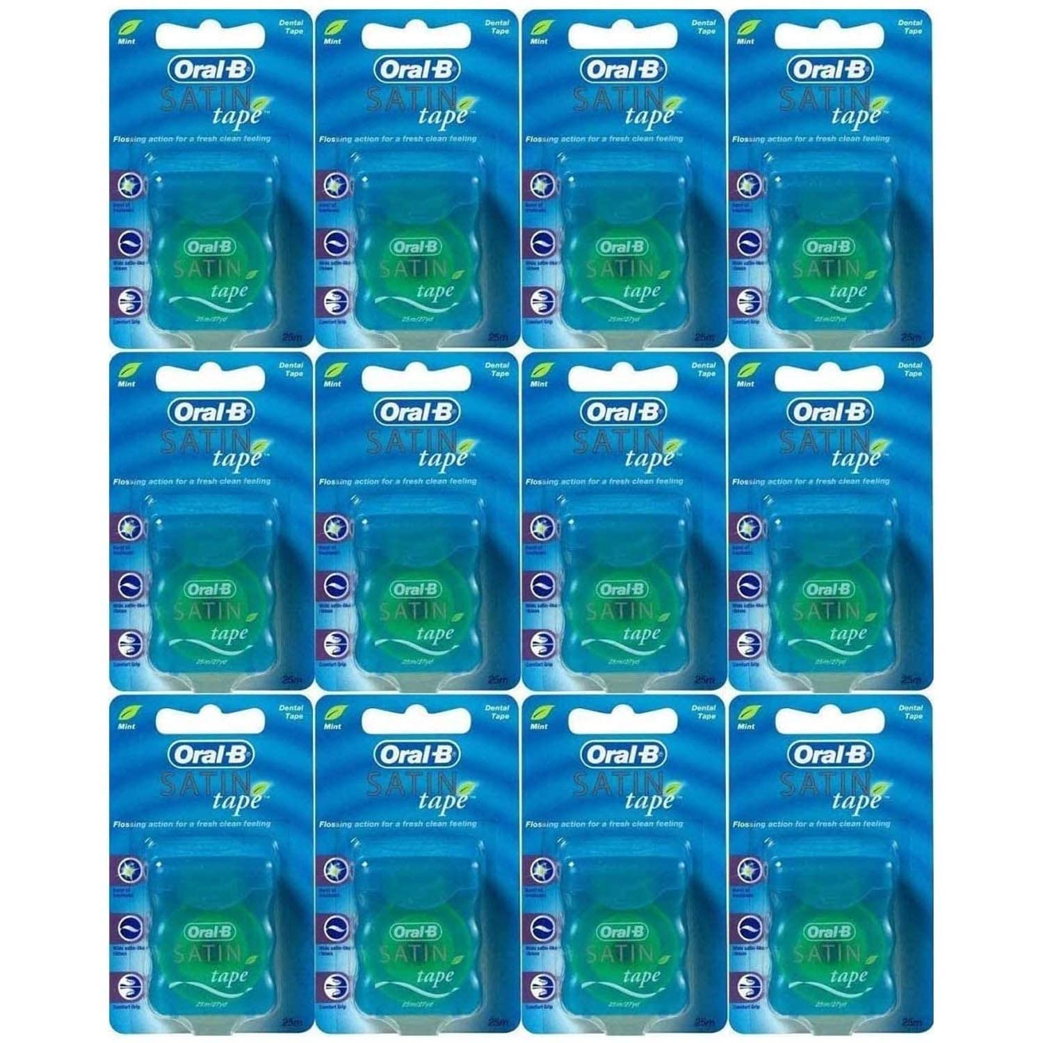 Oral-B Satin Tape floss 25m mint 12-pack packaging close-up
