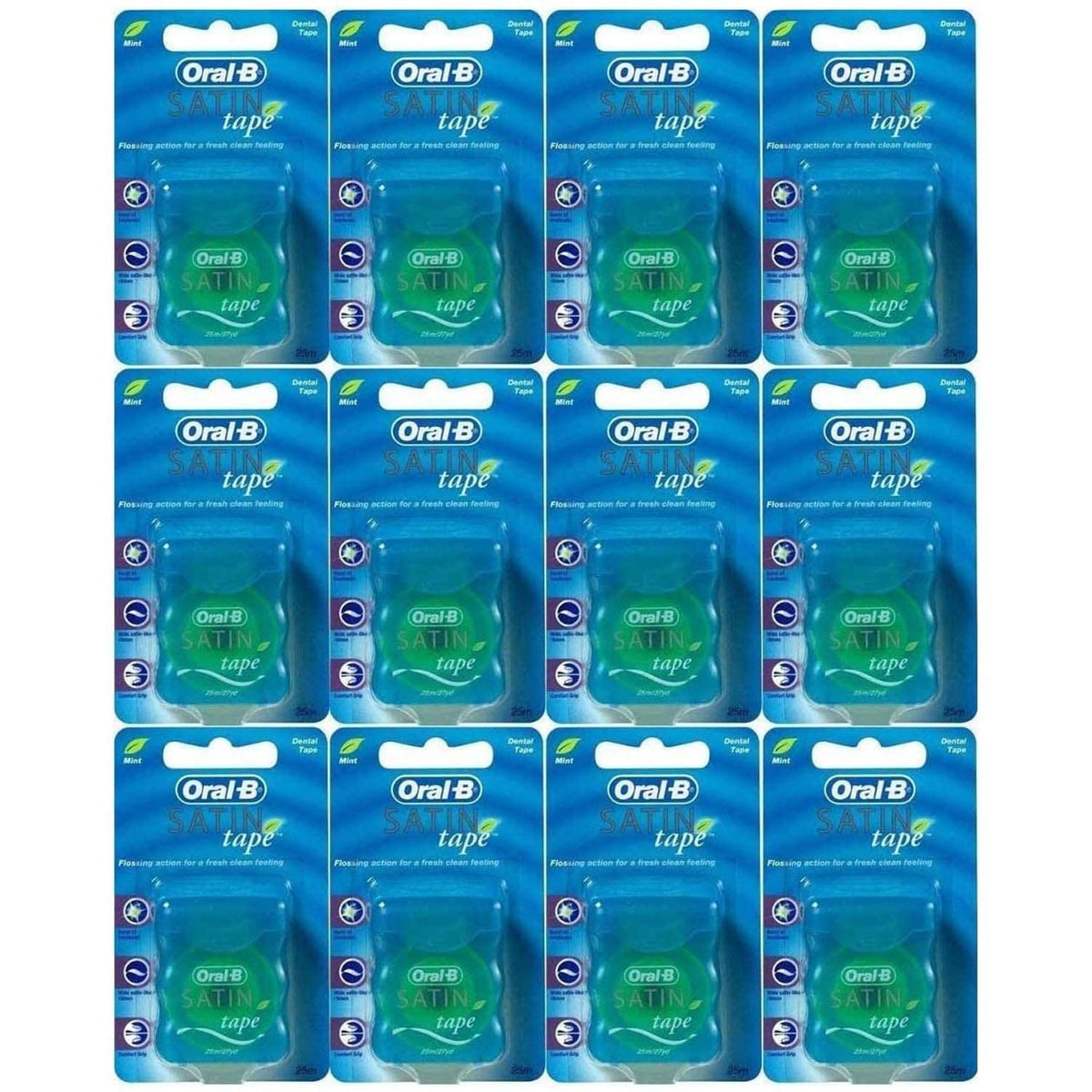 Oral-B Satin Tape floss 25m mint 12-pack packaging close-up