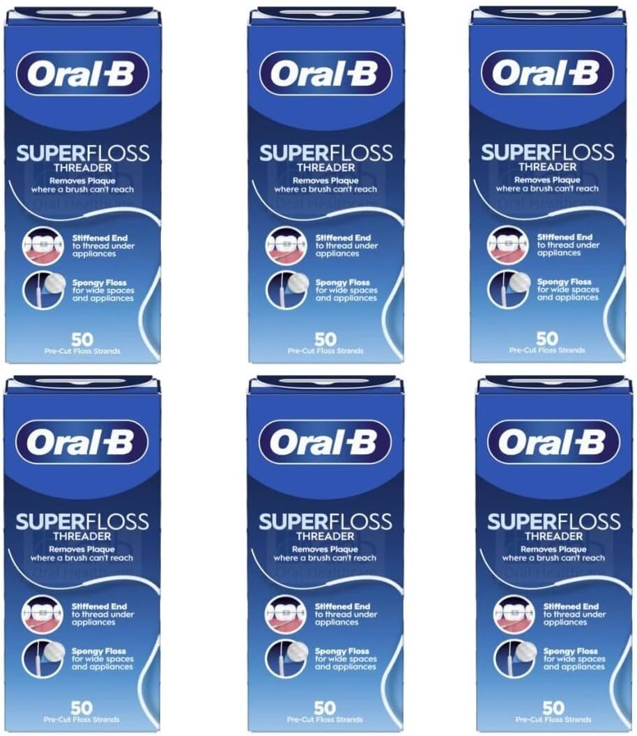 Oral-B Super Floss Threader Dental Floss Mint – 50 pre-cut strands per pack, pack of 6