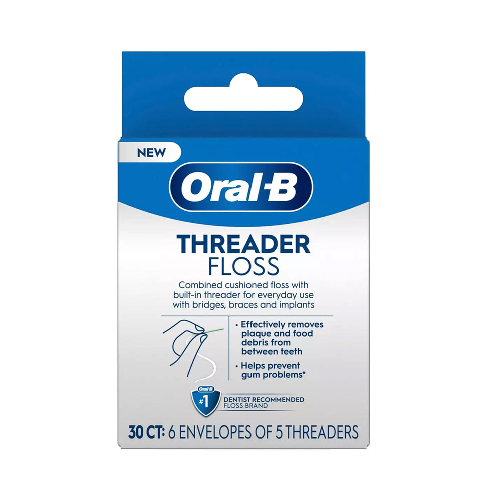 Soft cushioned floss with built-in threader close-up