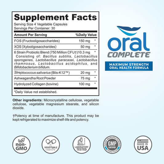 Close-up of Oral Complete 11-in-1 Dental Probiotics capsules