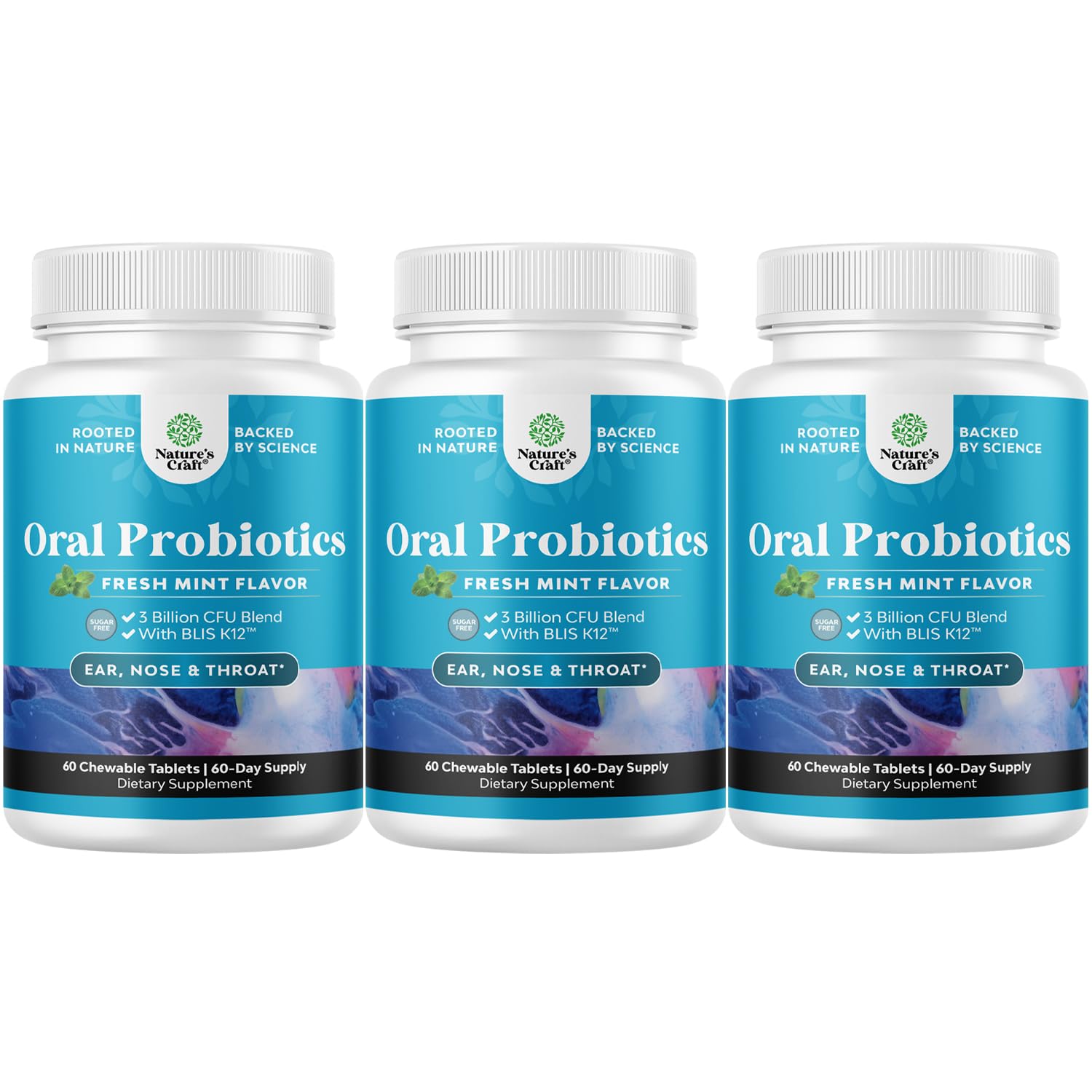Front view of Minty Fresh BLIS K12 oral probiotic lozenges 3-pack