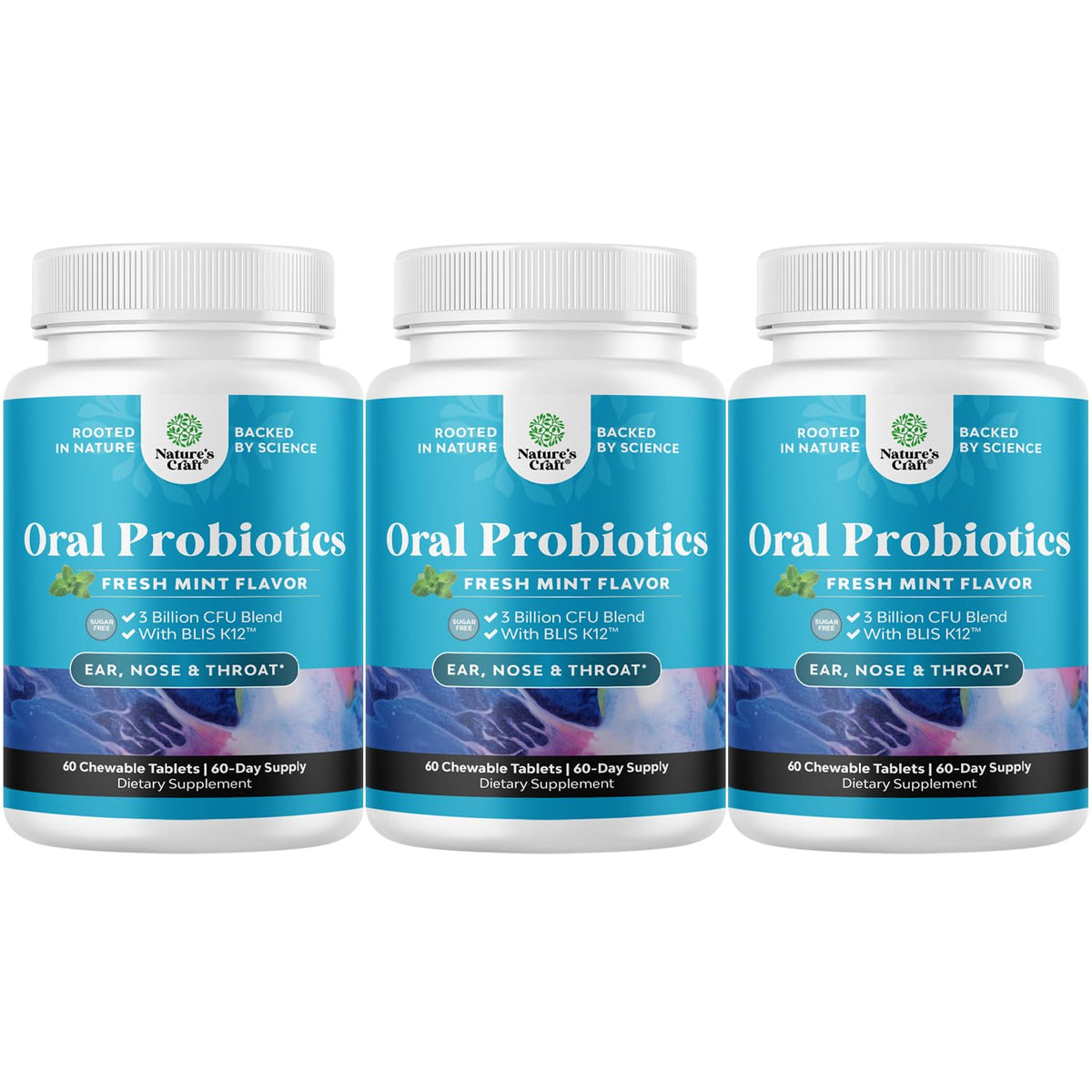 Front view of Minty Fresh BLIS K12 oral probiotic lozenges 3-pack